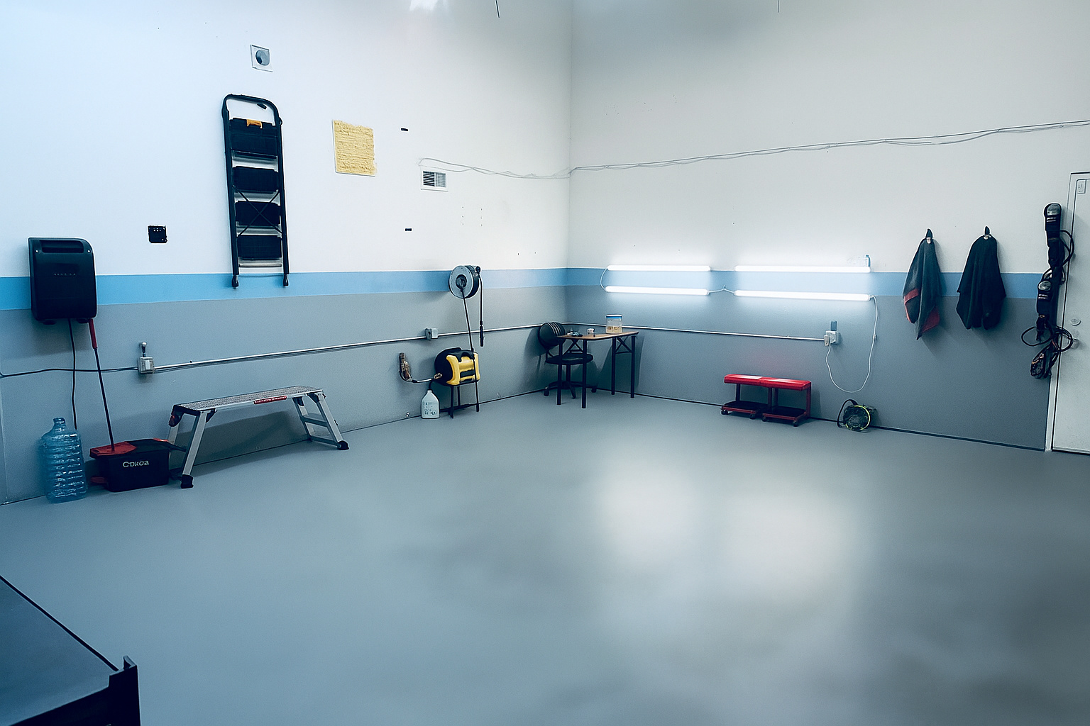 Inside the Paradeis Car Care studio, with a clean service bay and wall-mounted detailing lights